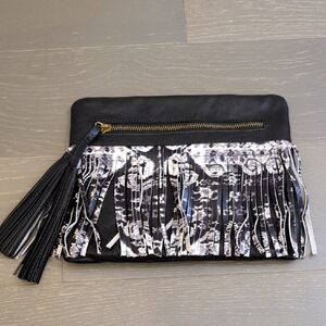 Cynthia Vincent Black and White Fringe Clutch